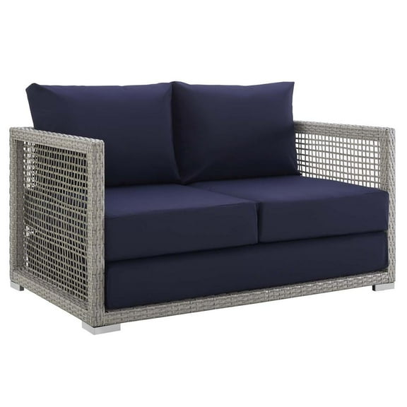 Modway Aura Outdoor Patio Wicker Rattan Loveseat in Gray Navy