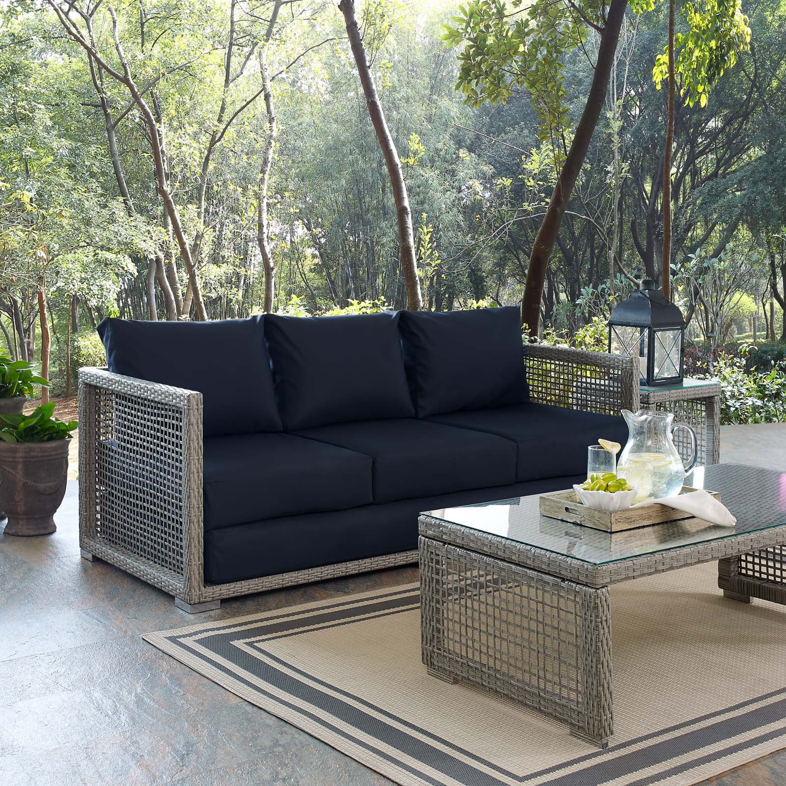 Modway Aura Modern Rattan Fabric Outdoor Patio Sofa in Gray and Navy Walmart