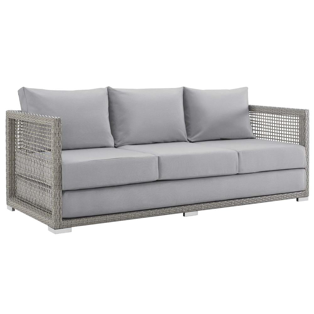 Aura 75'' Gray Wicker and Plastic Outdoor Sofa with All-Weather Cushions