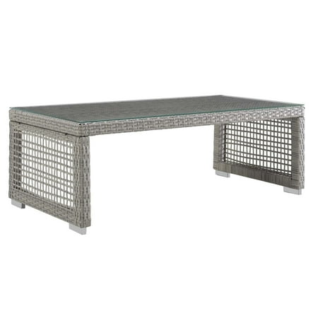 Modway Aura Modern Rattan & Glass Top Patio Coffee Table in Gray