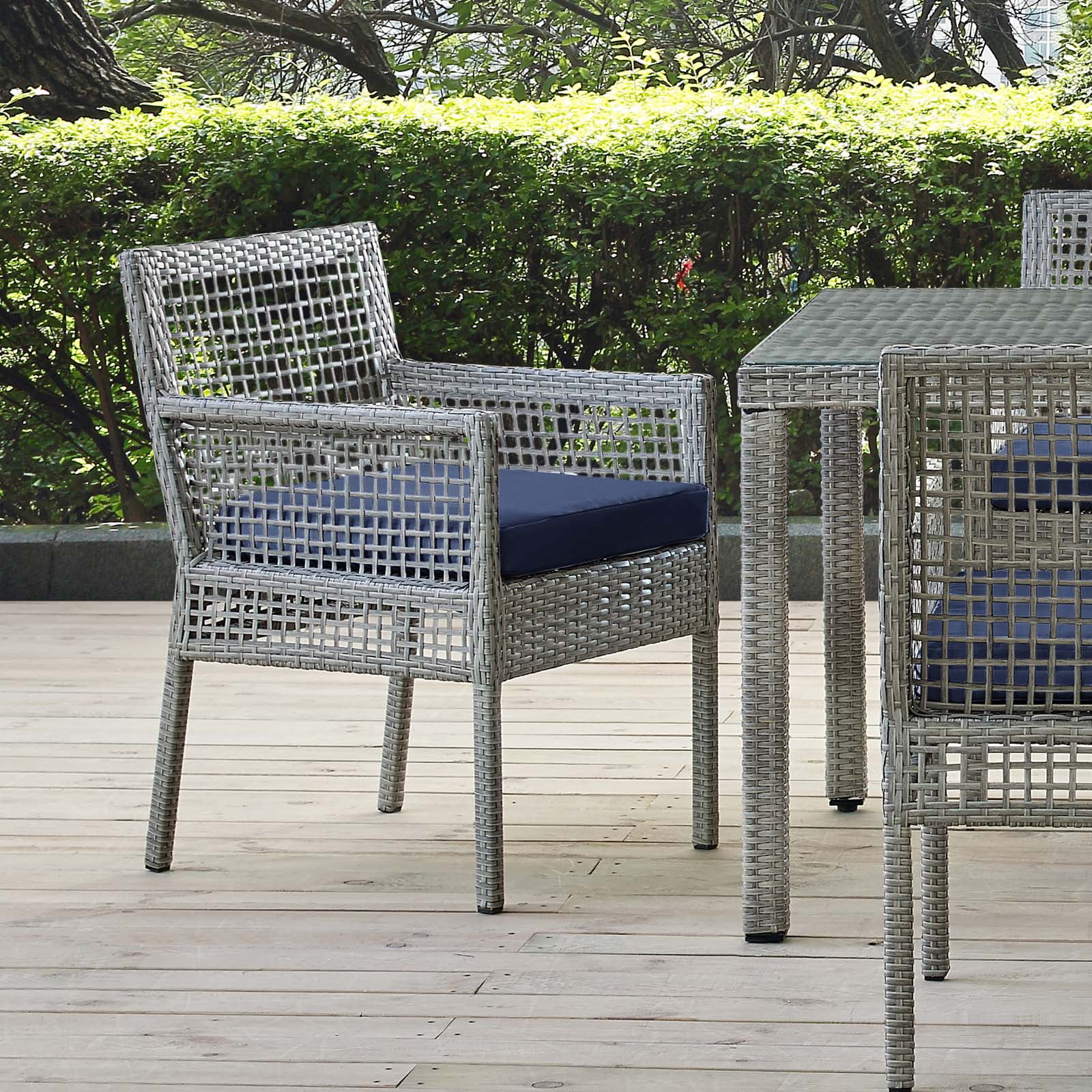 Modway Aura Outdoor Patio Wicker Rattan Dining Armchair in Gray Navy