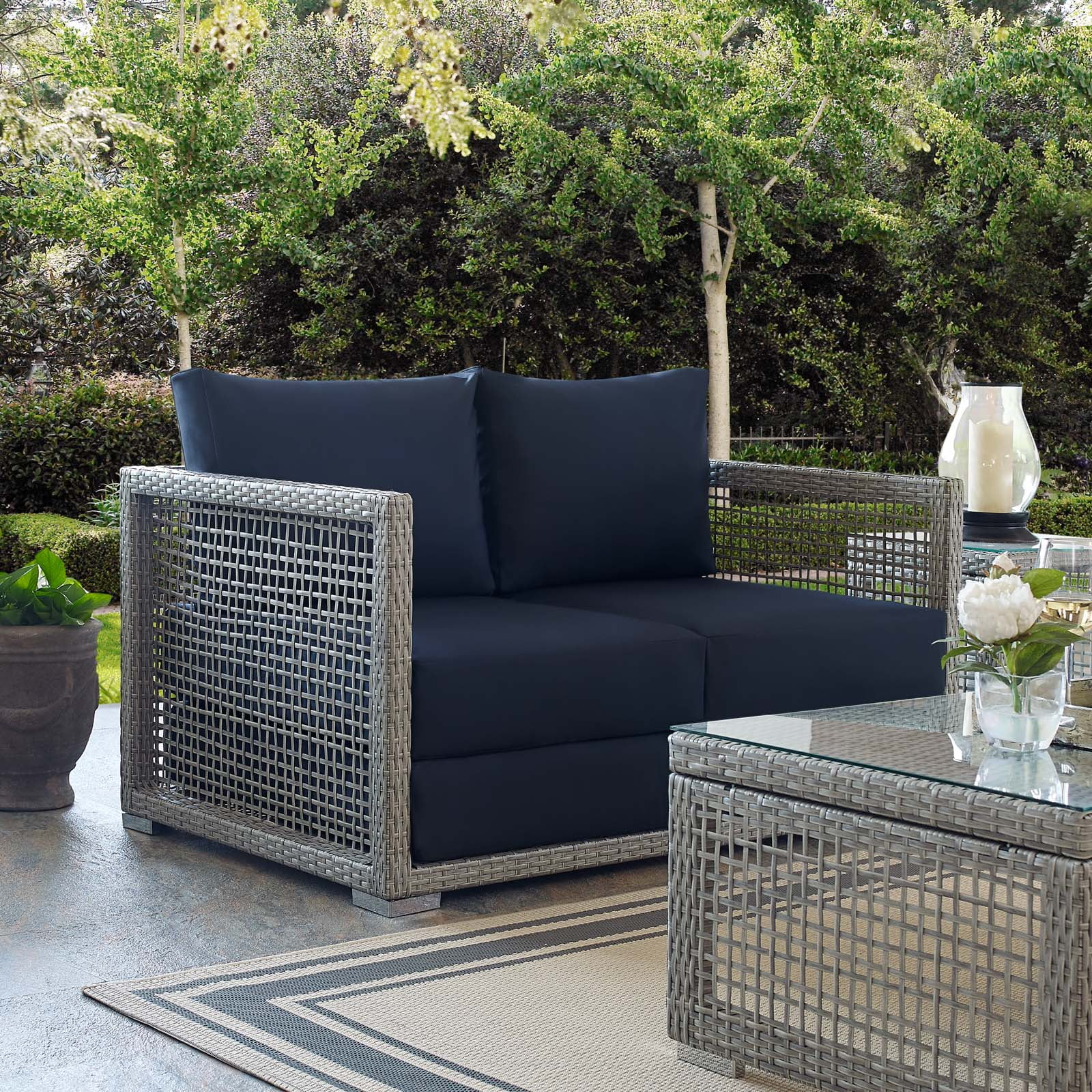 Modway Aura Outdoor Patio Wicker Rattan Loveseat in Gray Navy