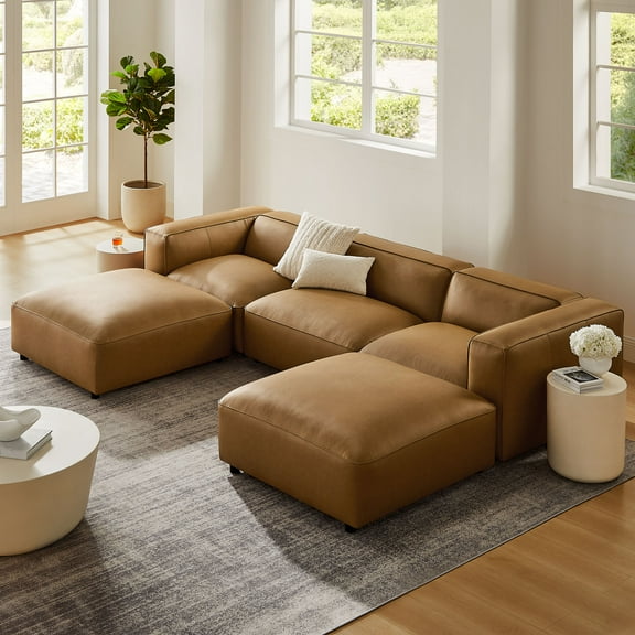 Modway Auren 5-Piece Upholstered Vegan Leather Modular U-Shaped Sofa in Camel