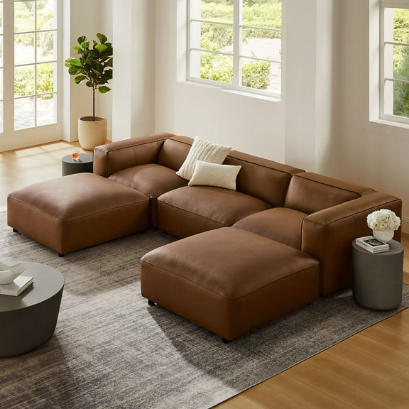 Modway Auren 5-Piece Upholstered Vegan Leather Modular U-Shaped Sofa in Coffee