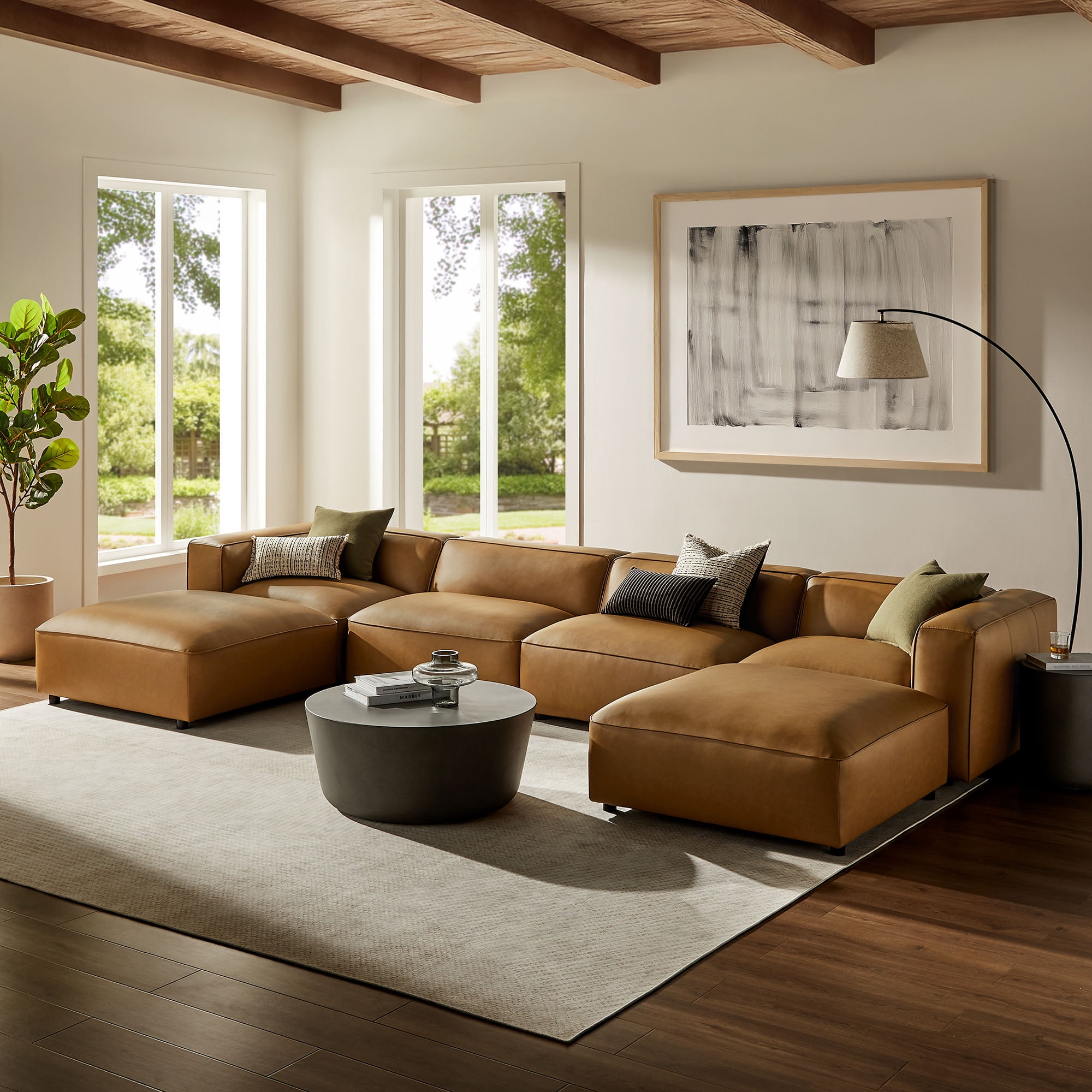Auren Camel Faux Leather Six-Piece Modular Sofa with Wood Frame