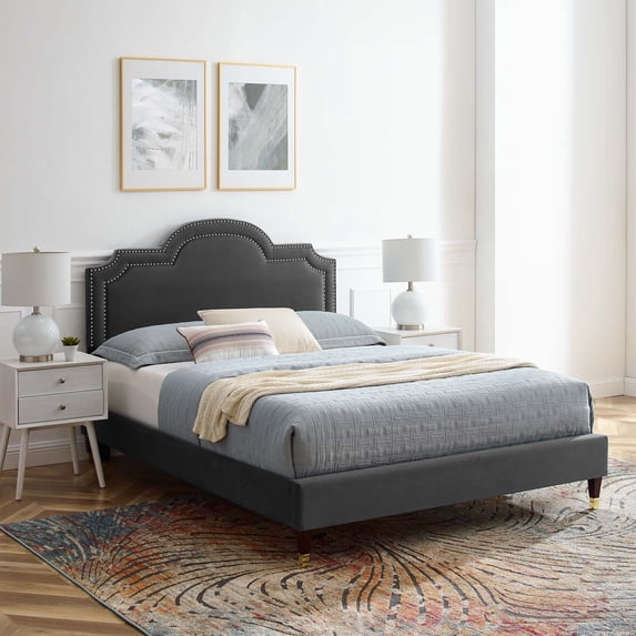 Modway Aviana Performance Velvet King Bed in Charcoal