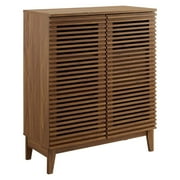 Modway Bar Cabinet with Slatted Door and 2 Drawers, Solidwood Walnut