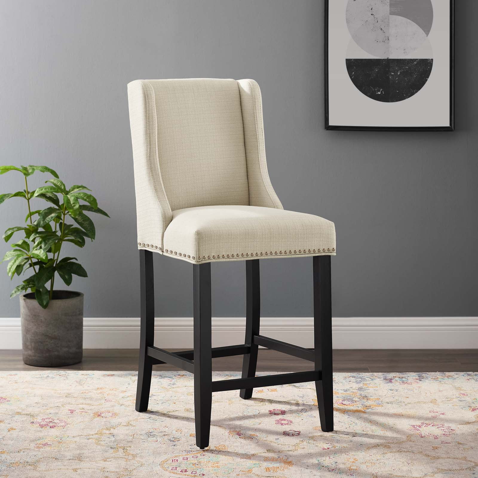 Beige Upholstered Wood Counter Stool with Nailhead Trim