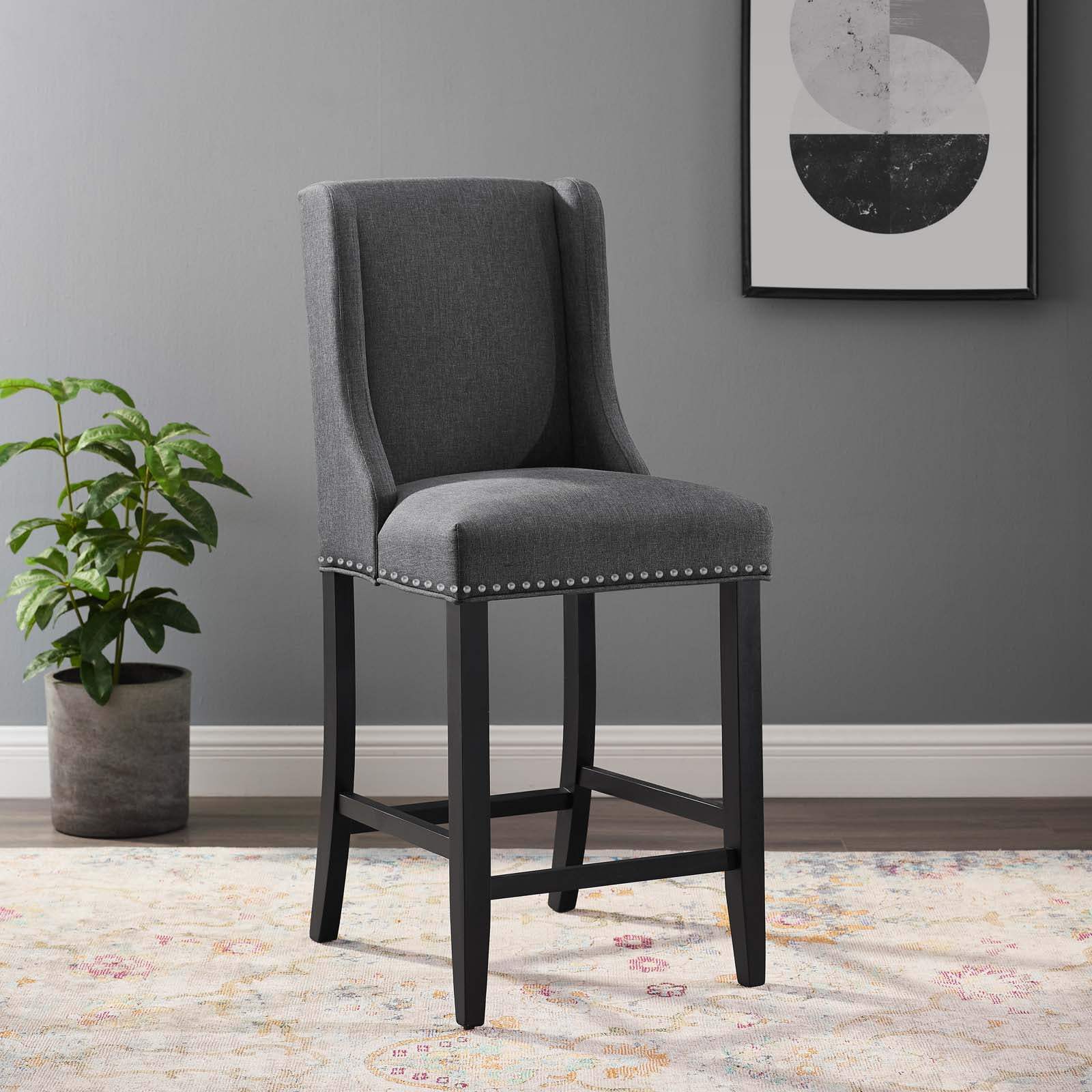 Elegant Gray Upholstered Counter Stool with Nailhead Trim