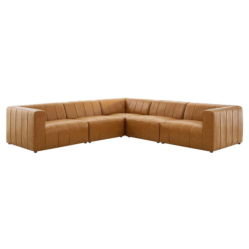 Beige Tufted Faux Leather 5-Piece Sectional Sofa with Ottoman