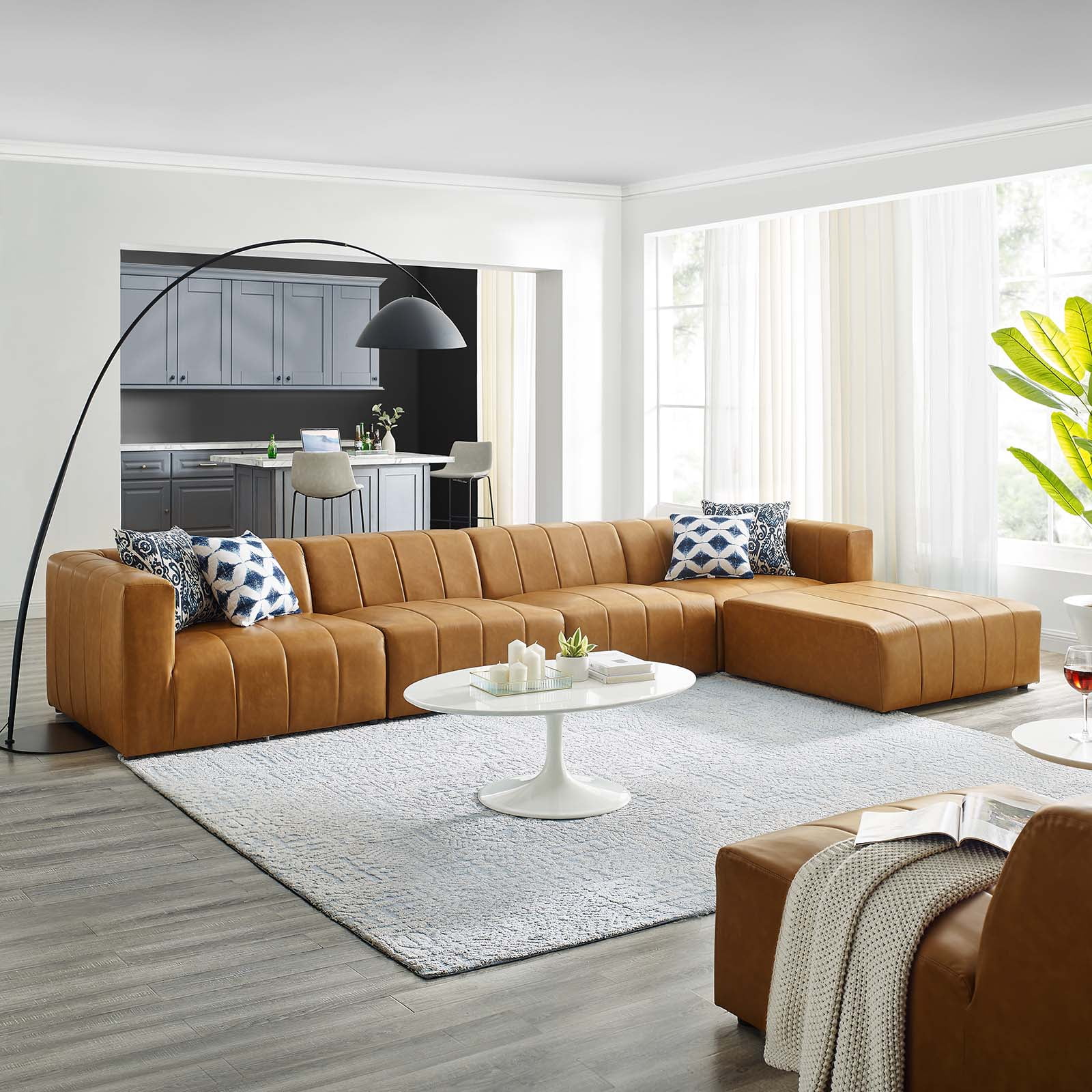 Bartlett Retro Modern Vegan Leather 5-Piece Sectional with Ottoman