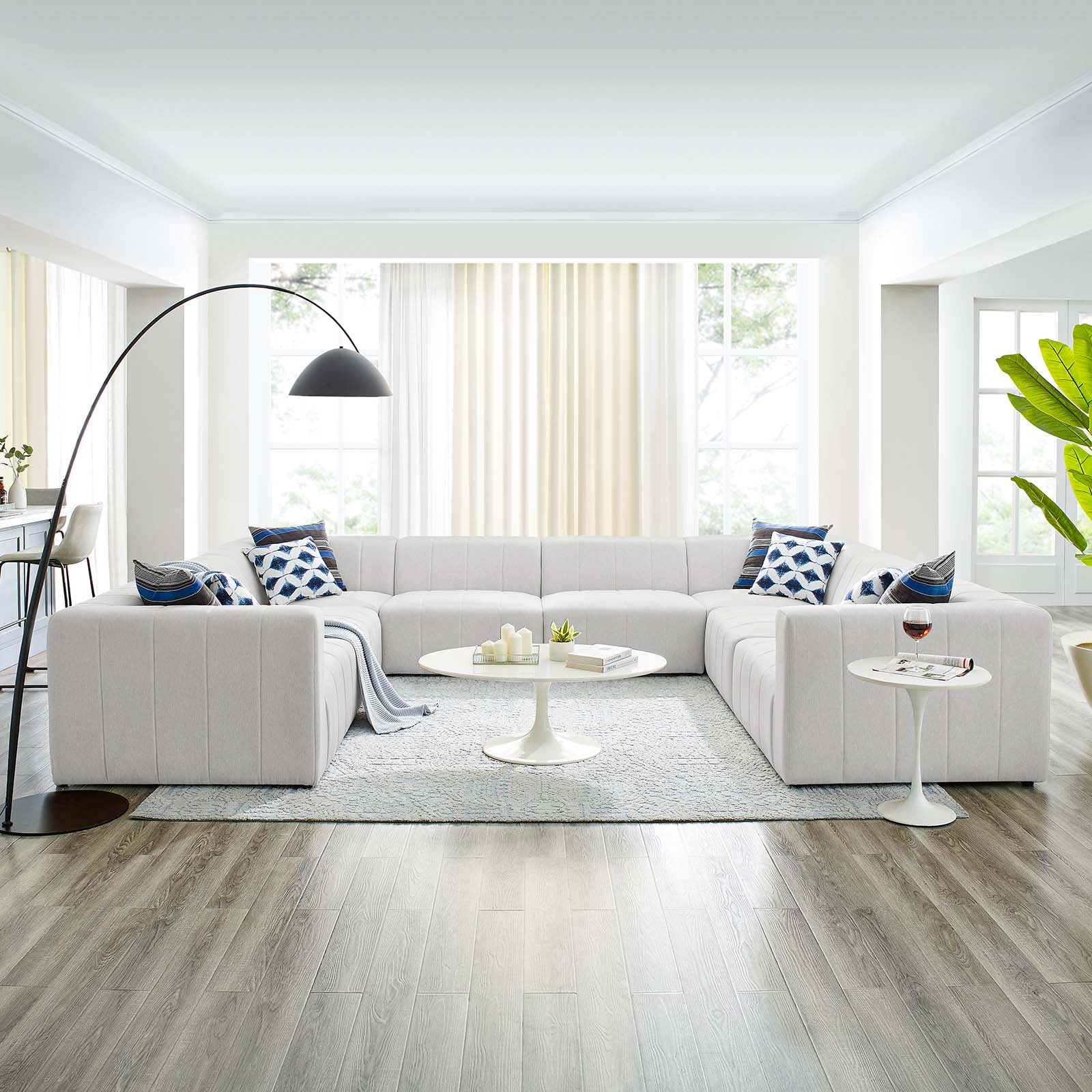 Ivory Tufted Fabric 8-Piece Sectional Sofa with Solid Wood Frame