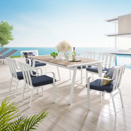Modway Baxley 7 Piece Outdoor Patio Aluminum Dining Set in White Navy