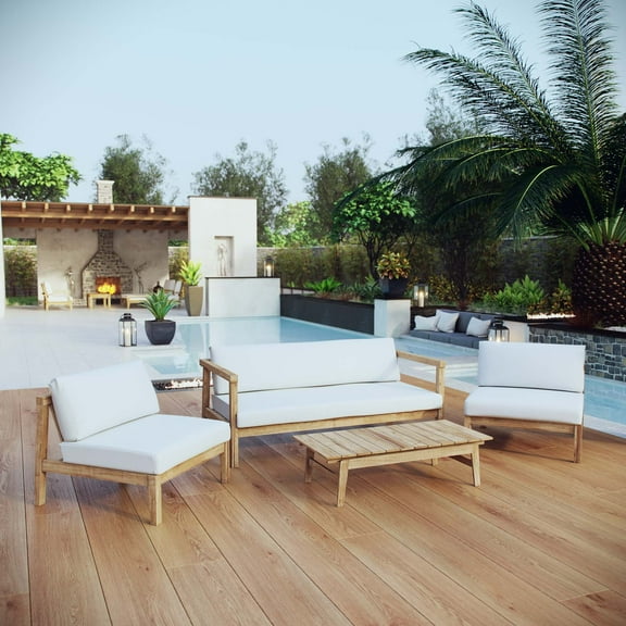 Modway Bayport 4 Piece Outdoor Patio Teak Set in Natural White