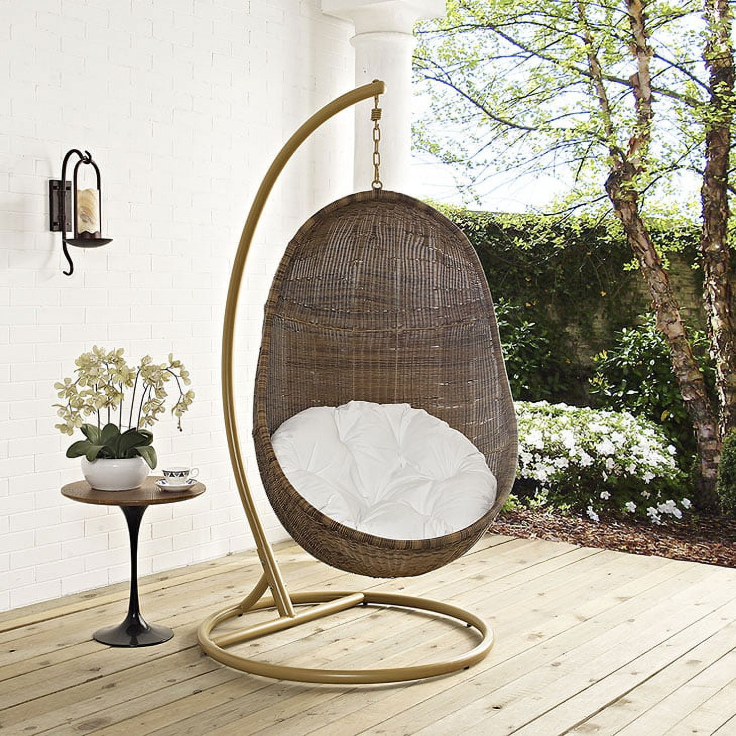 Bean Coffee Brown Rattan Hanging Chair with White Cushions