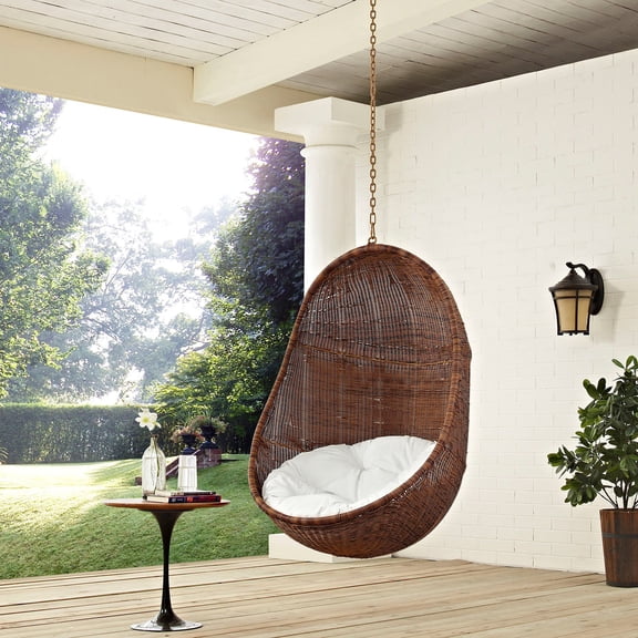 Modway Bean Steel Fabric Rattan Patio Swing Chair without Stand in Coffee/White