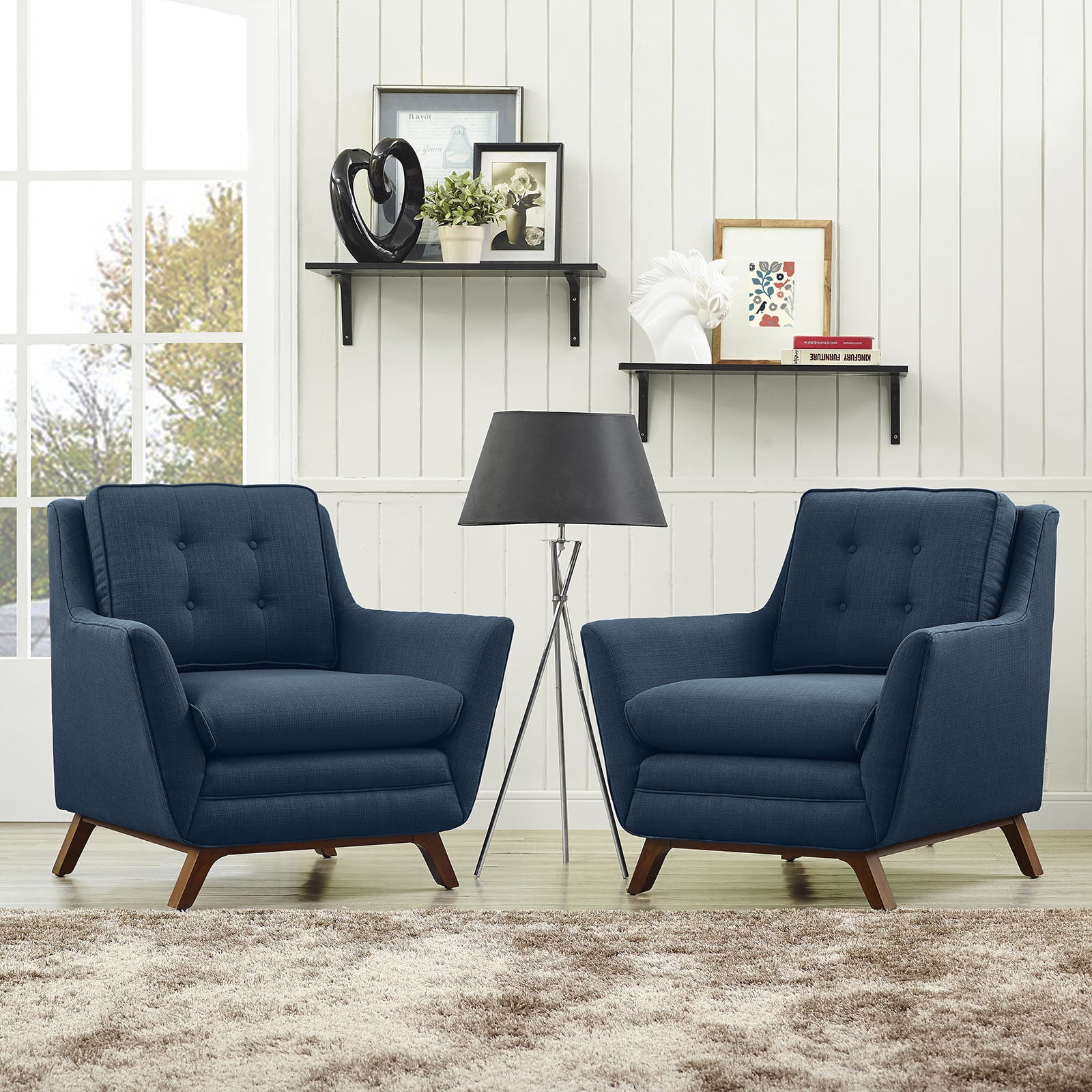 Azure Upholstered Fabric Mid-Century Modern Armchair Set with Walnut Base