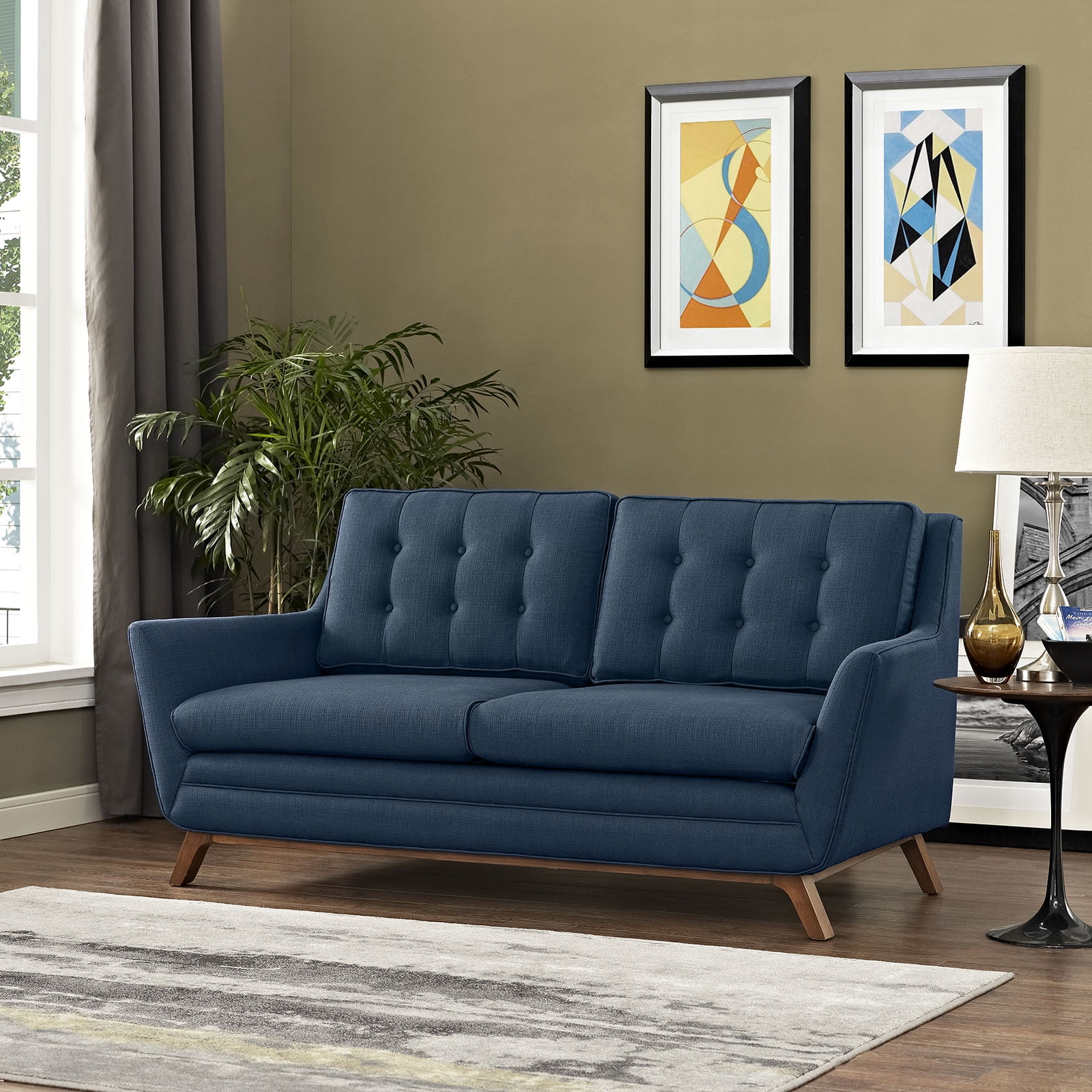Azure Tufted Fabric Loveseat with Flared Arms