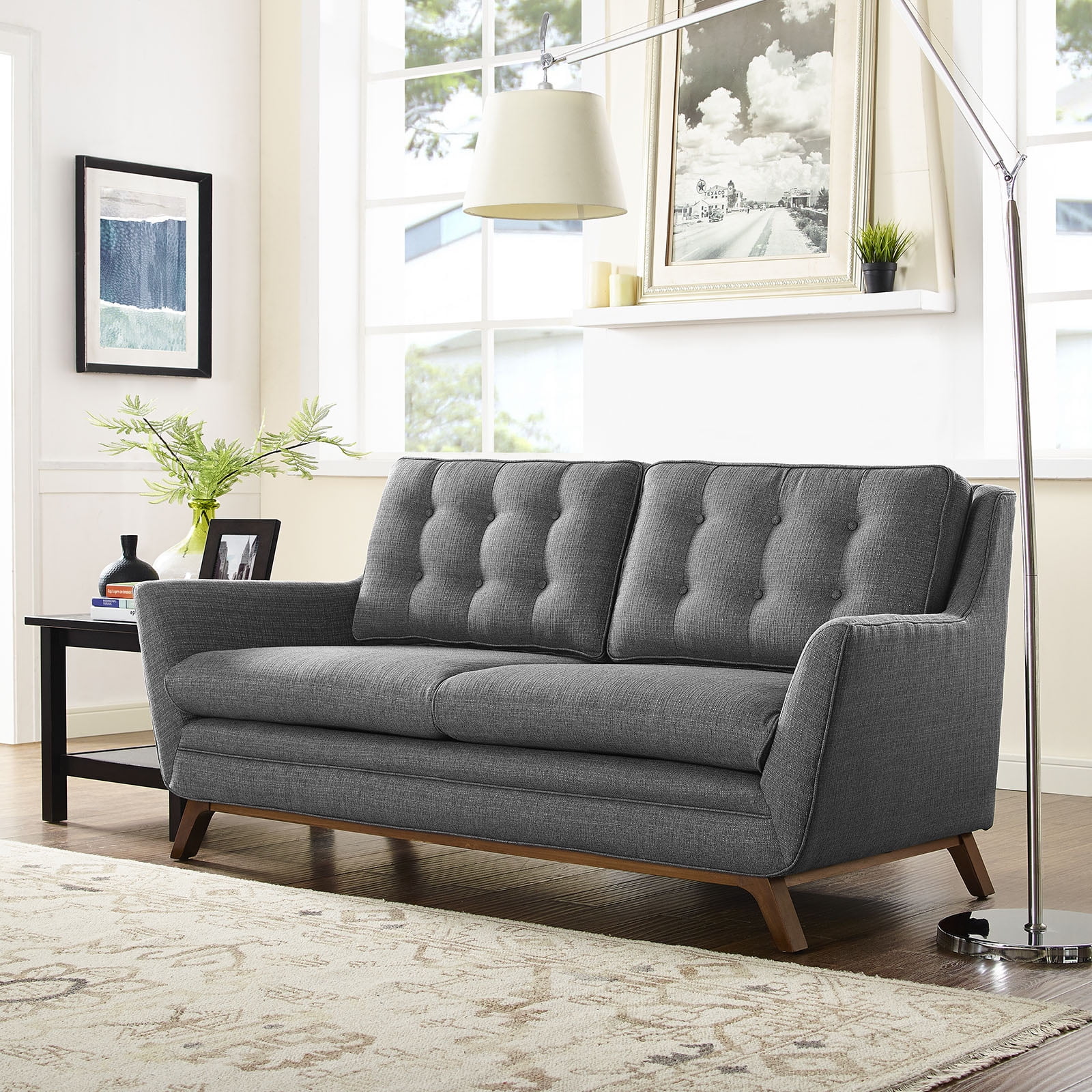Gray Tufted Fabric Loveseat with Walnut-Stained Base