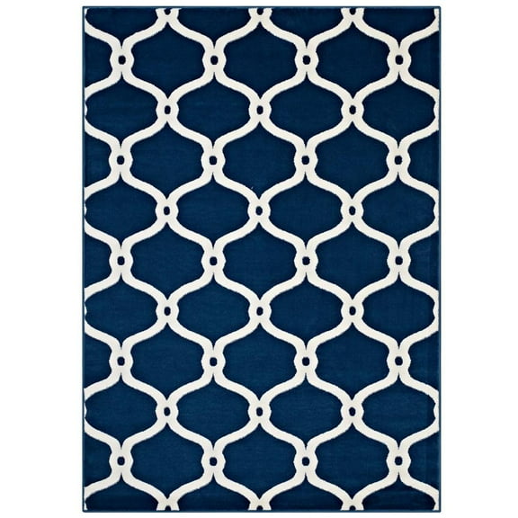 Modway Beltara Chain Link Transitional Trellis 5x8 Area Rug in Moroccan Blue and Ivory