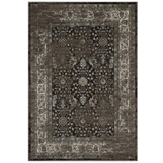 Modway Berit Distressed Vintage Floral Lattice 5x8 Area Rug in Brown and Beige