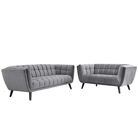 Modway Bestow 2 Piece Performance Velvet Sofa and Loveseat Set in Gray