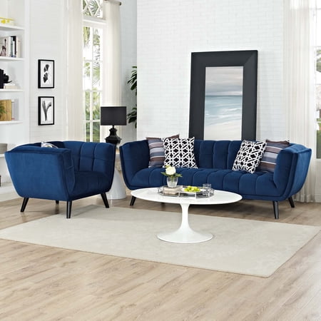 Modway Bestow Upholstered Button-Tufted Sofa & Armchair Set in Navy fabric