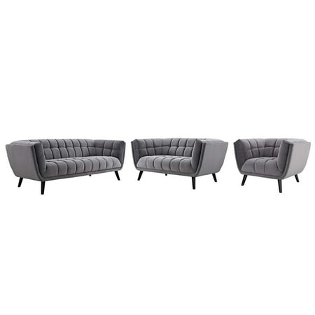 Modway Bestow 3 Piece Performance Velvet Sofa Loveseat and Armchair Set in Gray
