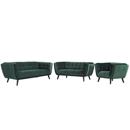 Modway Bestow 3 Piece Performance Velvet Sofa Loveseat and Armchair Set in Green