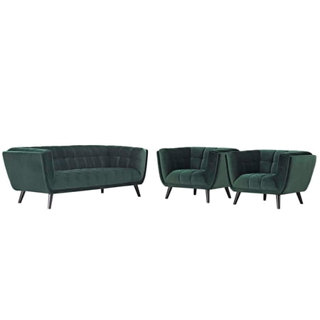 Modway Bestow Upholstered Button-Tufted Sofa & Armchairs Set in Green fabric