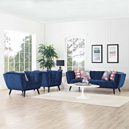 Modway Bestow 3 Piece Performance Velvet Sofa and Armchair Set in Navy