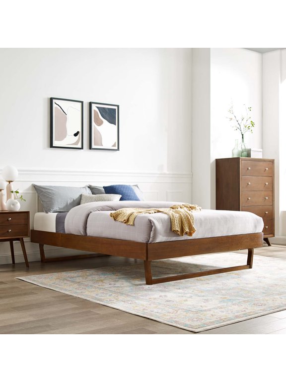 Billie Full Rubberwood and MDF Wood Platform Bed Frame in Walnut