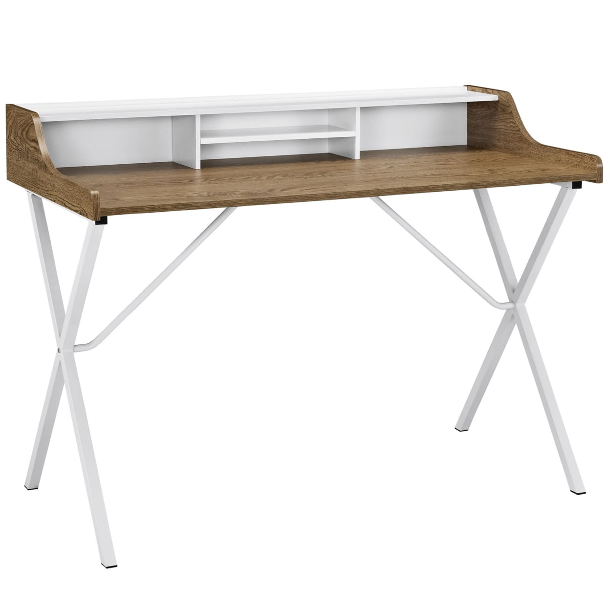 Contemporary Walnut Wood Desk with White A-Frame and Drawer