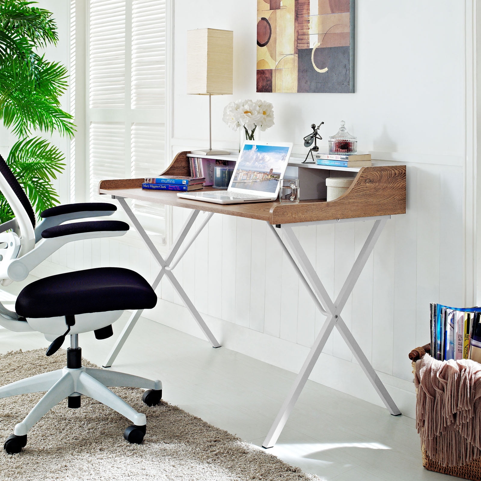 Contemporary Walnut Wood Desk with White A-Frame and Drawer