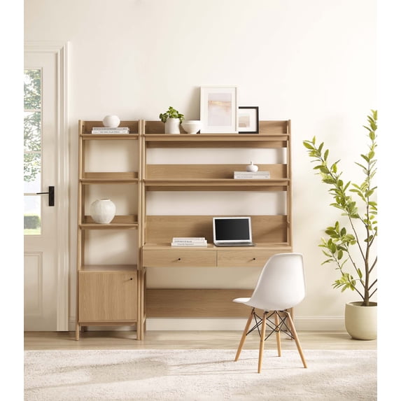 Modway Bixby 2-Piece Modern Style Wood Office Desk and Bookshelf - Oak