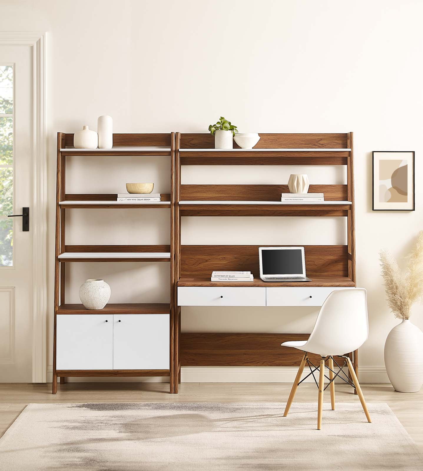 Walnut White 2-Piece Wood Office Desk and Bookshelf
