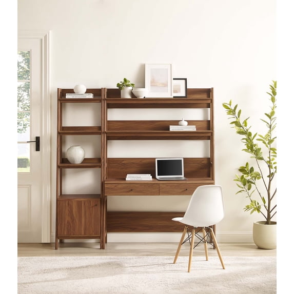 Modway Bixby 2-Piece Wood Office Desk and Bookshelf - Walnut