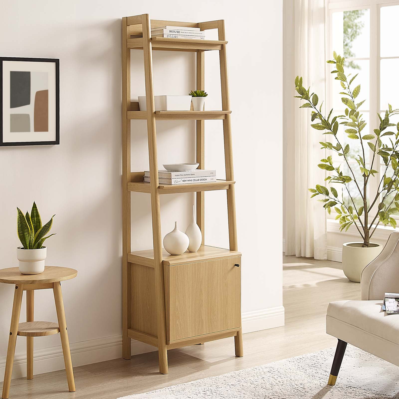 Bixby Oak 21" Slim Tiered Bookshelf with Concealed Storage