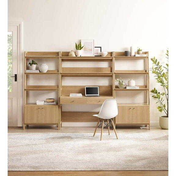 Modway Bixby 3-Piece Wood Office Desk and Bookshelf in Oak