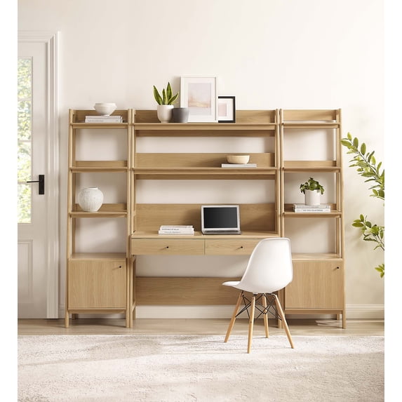 Modway Bixby 3-Piece Wood Office Desk and Bookshelf in Oak