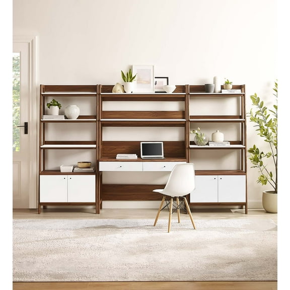 Modway Bixby 3-Piece Wood Office Desk and Bookshelf in Walnut White