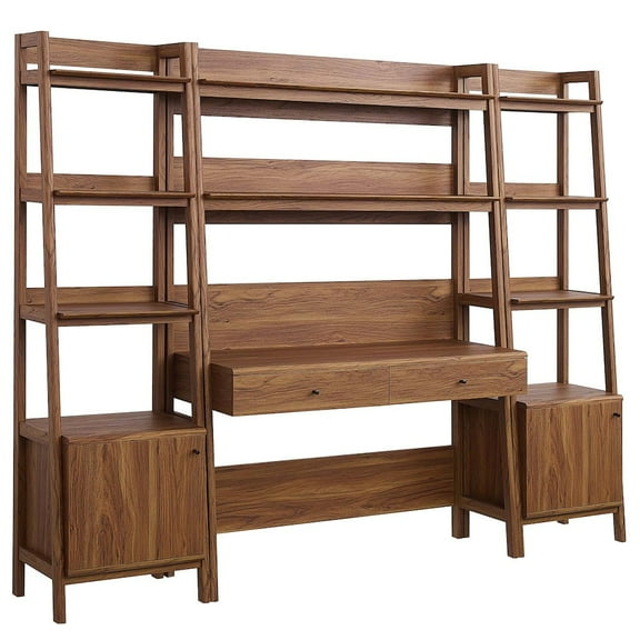 Modway Bixby 3-Piece Wood Office Desk and Bookshelf in Walnut
