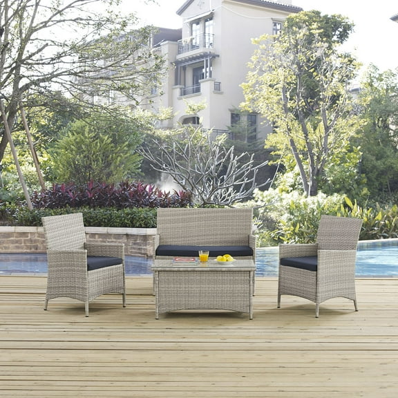 Modway Bridge 4 Piece Outdoor Patio Patio Conversation Set in Light Gray Navy