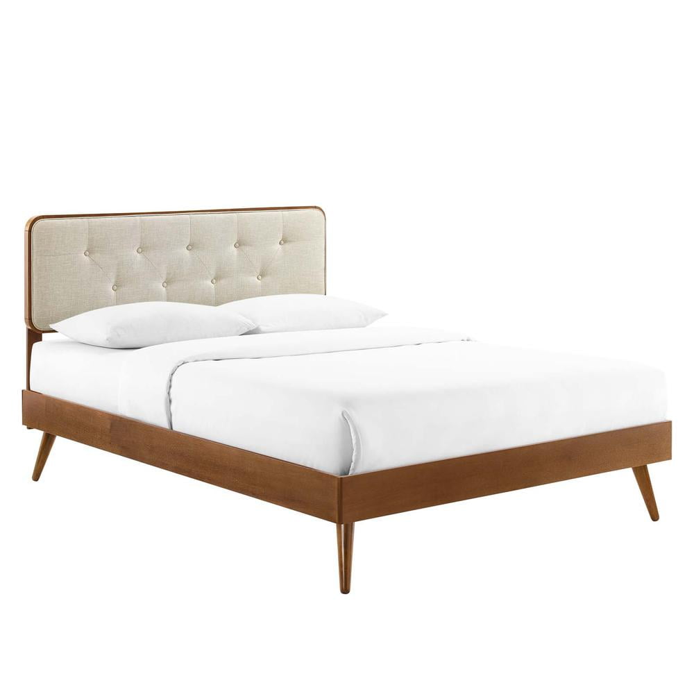 Bridgette King Walnut Beige Tufted Upholstered Wood Platform Bed