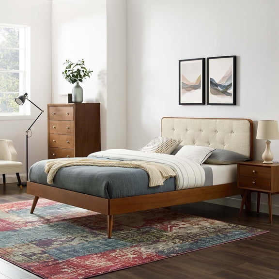 Modway Bridgette Queen Wood Platform Bed with Splayed Legs in Walnut/Beige