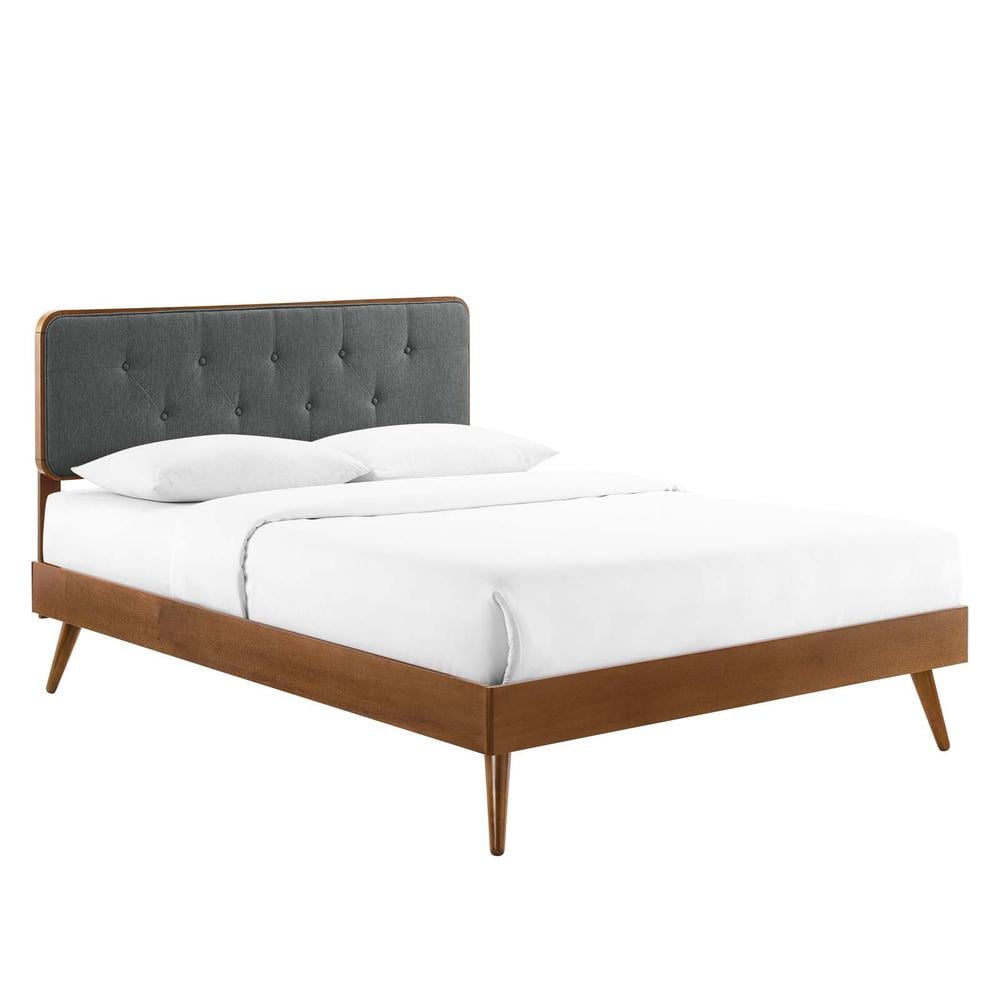 Walnut Charcoal Twin Wood Platform Bed with Upholstered Headboard