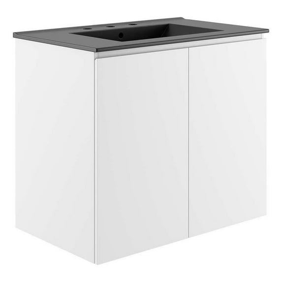 Modway Bryn 30" Modern Wood/Ceramic Wall-Mount Bathroom Vanity in White/Black