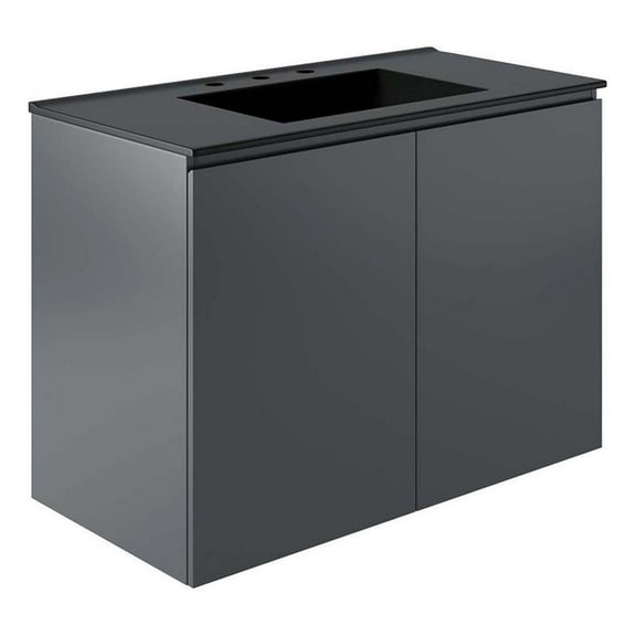 Modway Bryn 36" Modern Wood/Ceramic Wall-Mount Bathroom Vanity in Gray/Black