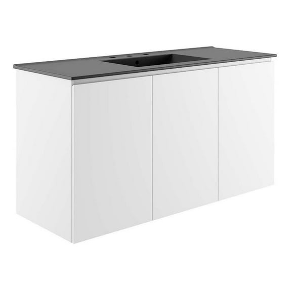 Modway Bryn 48" Modern Wood/Ceramic Wall-Mount Bathroom Vanity in White/Black