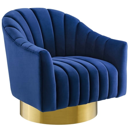 Modway Buoyant Vertical Channel Tufted Accent Lounge Performance Velvet Swivel Chair in Navy